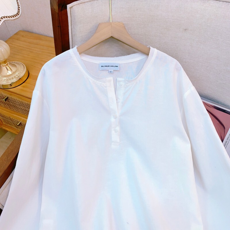 Bộ đôi sơ mi nữ tay loe chất liệu cotton lanh dáng ôm phong cách tối giản — Màu trắng