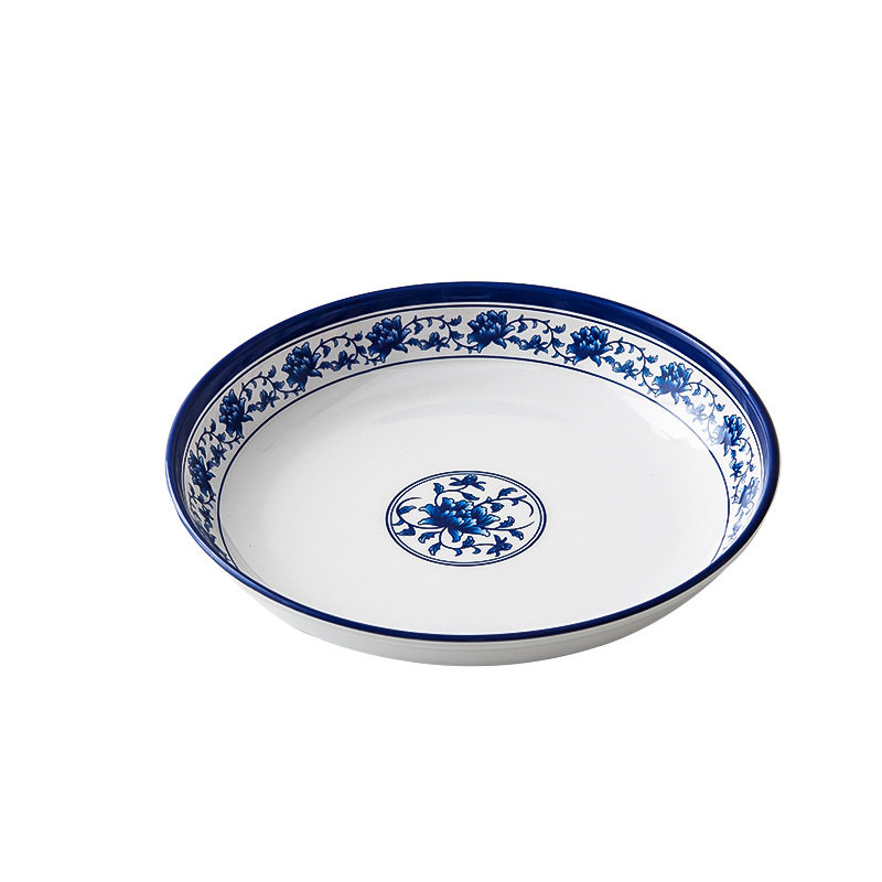 Melamine blue and white round deep plate shallow plate Hotel Hotel commercial imitation porcelain plastic plate stir-fry plate lotus plate