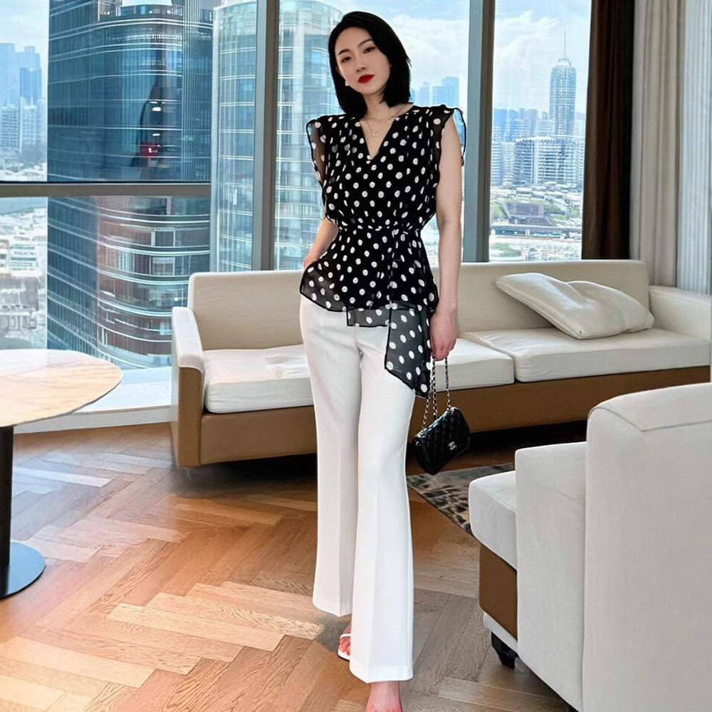 Áo sơ mi voan nữ tay ngắn họa tiết chấm bi phong cách phương Tây — [Chấm bi]