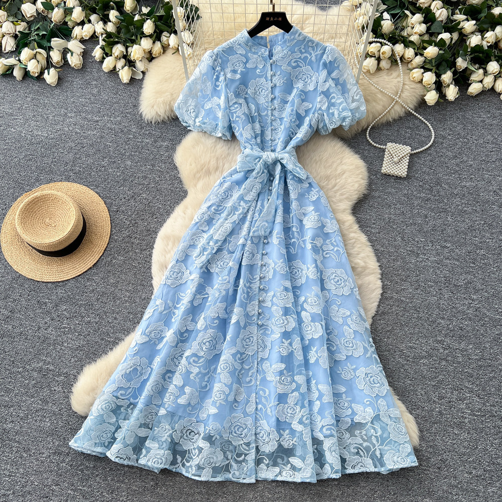Elegant Lace Embroidered Dress High Waist A Line Silhouette Summer Style Perfect for Office and Formal Events