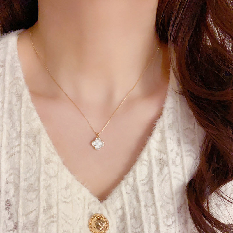 Korean Style Elegant Fashionable Simple Micro-inlaid Zircon Double-sided Four-leaf Flower Necklace Internet Celebrity Distinctive Exquisite Luxury Clavicle Chain