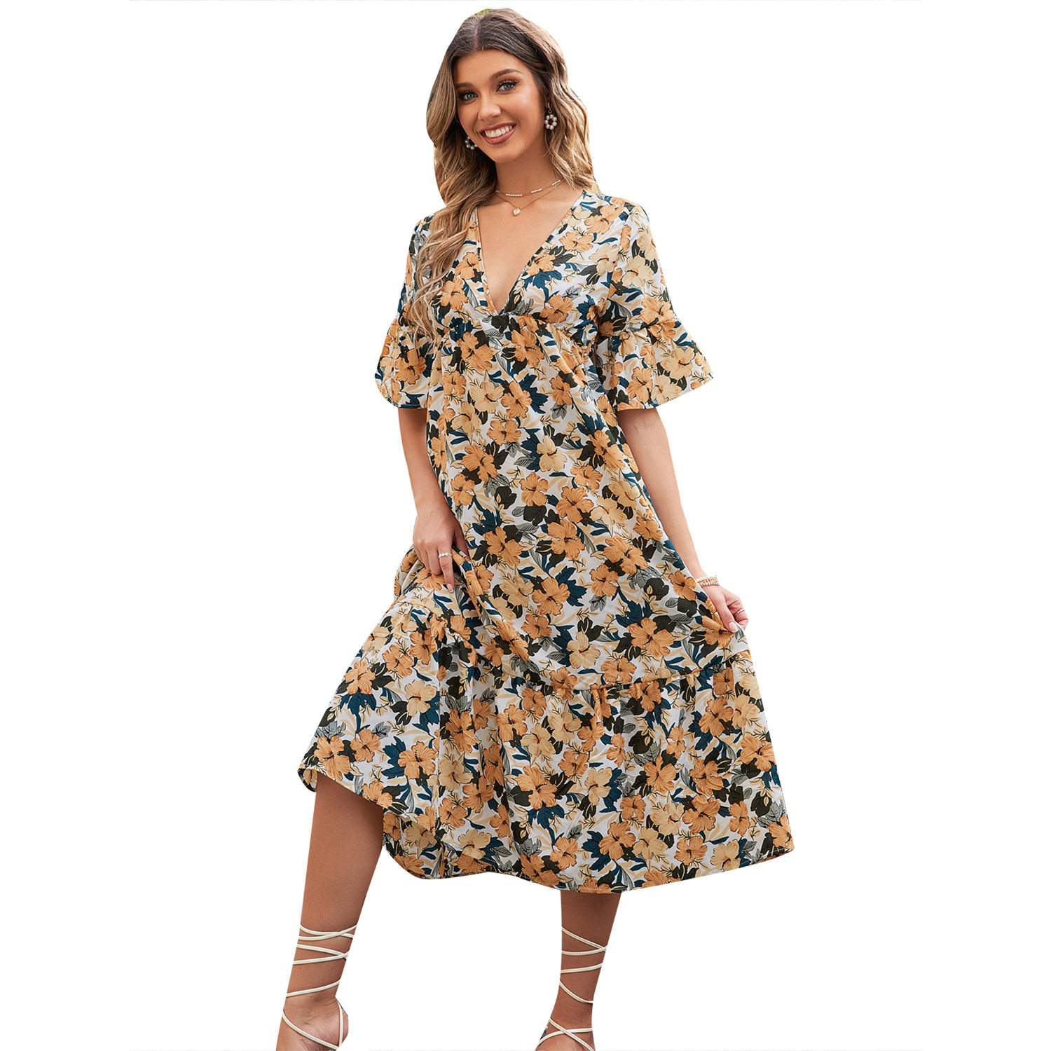 Floral Print V Neck Dress Casual Slim Fit Waist Defining Perfect for Spring Summer Outings Wholesale Available