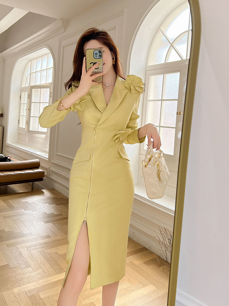 Đầm dạ hội nữ dài tay thiết kế hoa nổi 3D khóa kéo xẻ tà — Màu vàng sáng
