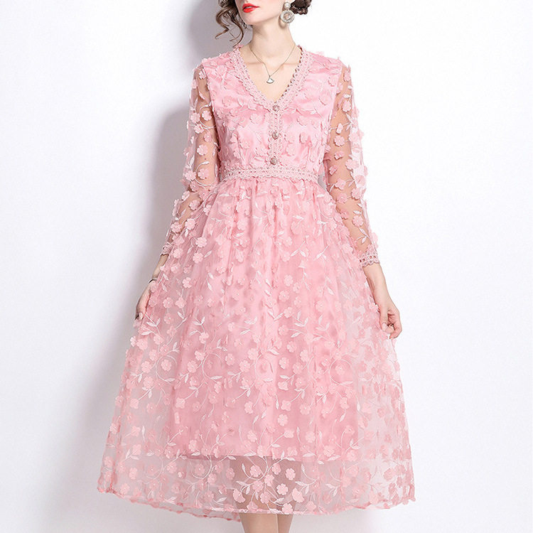 French Court Style V Neck Dress High End Embroidery Tulle Fabric Elegant Design Spring Autumn Evening Wear