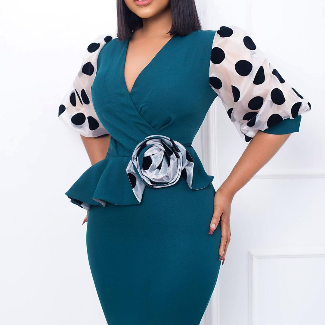 Plus Size Womens Dress Fashionable Polka Dot Mesh Panel V Neck Elegant Style for Parties Wholesale Available