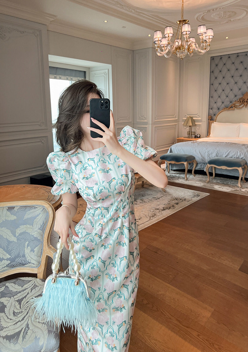 Đầm ôm body nữ cổ tròn tay bồng họa tiết hoa — [Xanh lá] chi tiết 15