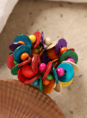 波西米亚彩色椰壳手链复古小众个性编织串珠手串女度假民族风配饰