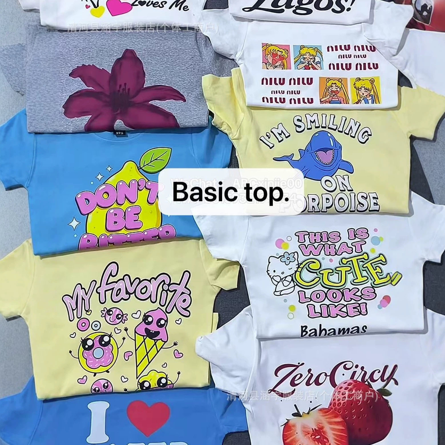 Basictops เสื้อยืดแขนสั้นทรงสลิมฟิต สำหรับผู้หญิง ลายการ์ตูน สไตล์ยุโรปและอเมริกา รุ่นใหม่ สีน้ำเงิน