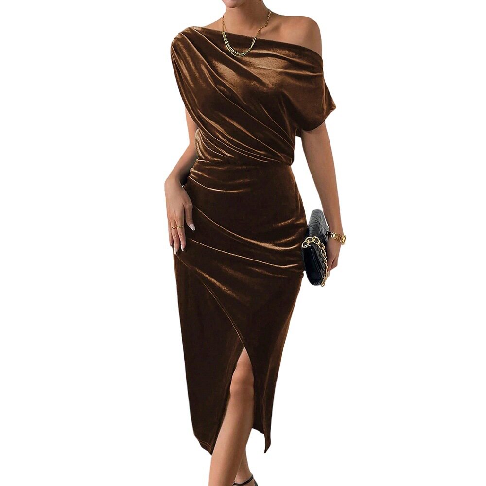 Velvet One Shoulder Dress Slim Fit Side Slit Elegant Design Spring Summer Party Gown Wholesale Available
