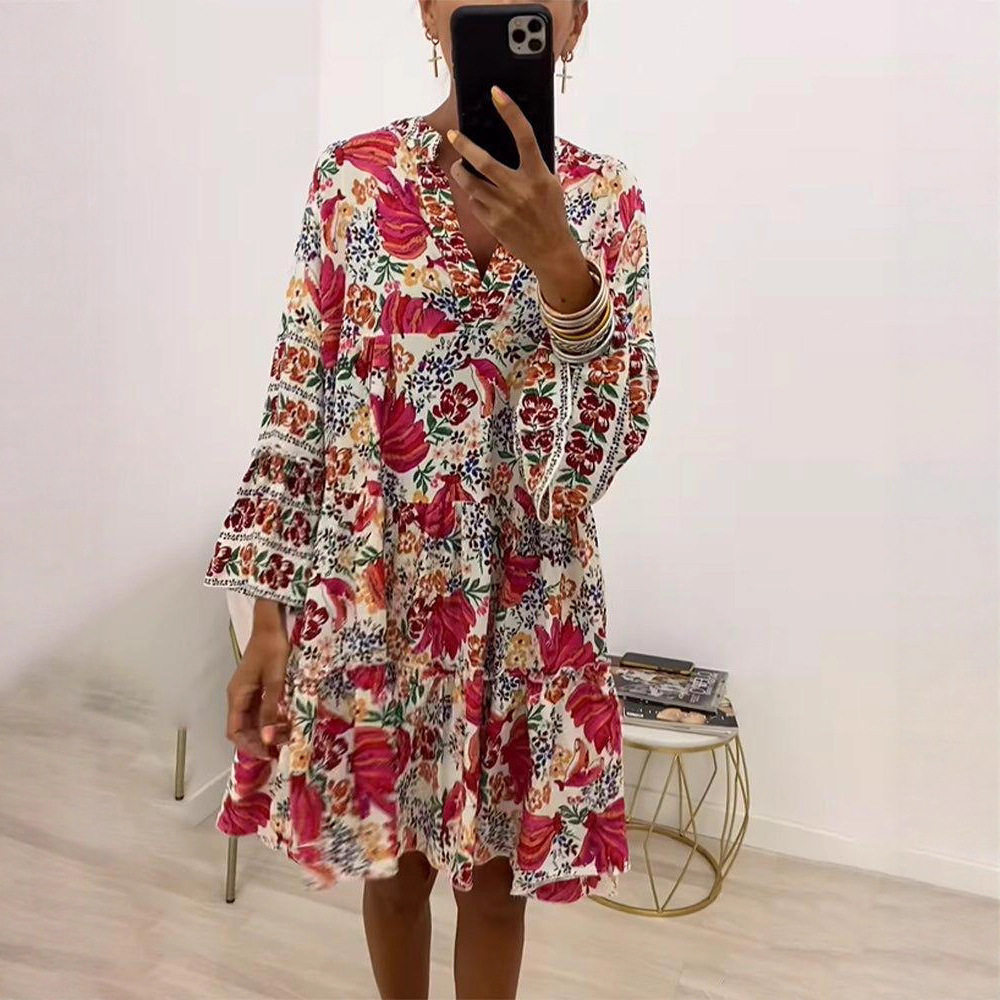 Casual Floral Print V Neck Long Sleeve Maxi Dress for Women Loose Fit Summer Style Available for Wholesale