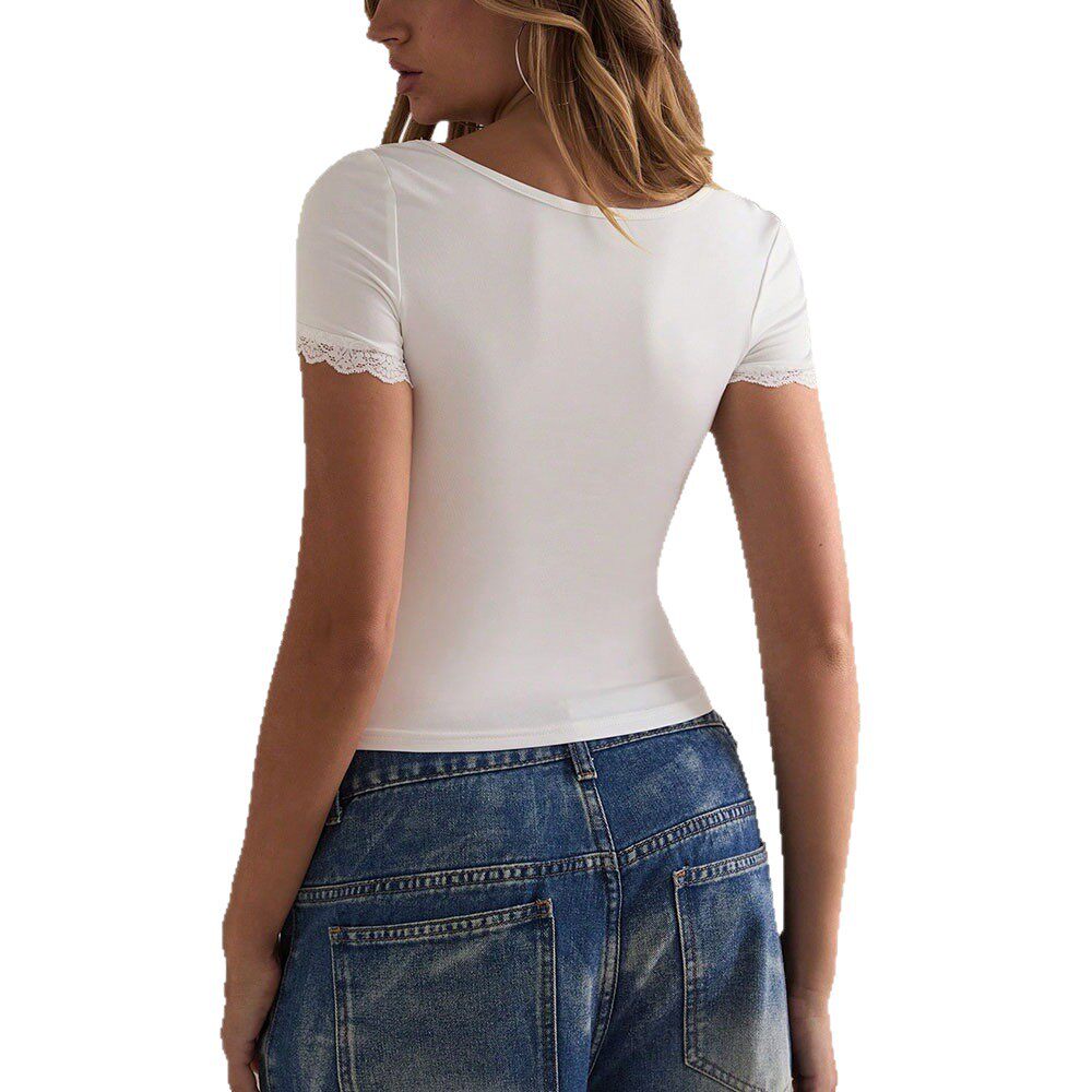 Womens Summer Top White Lace Panel Short Sleeve T Shirt Elegant Square Neck Slim Fit Versatile Style Wholesale