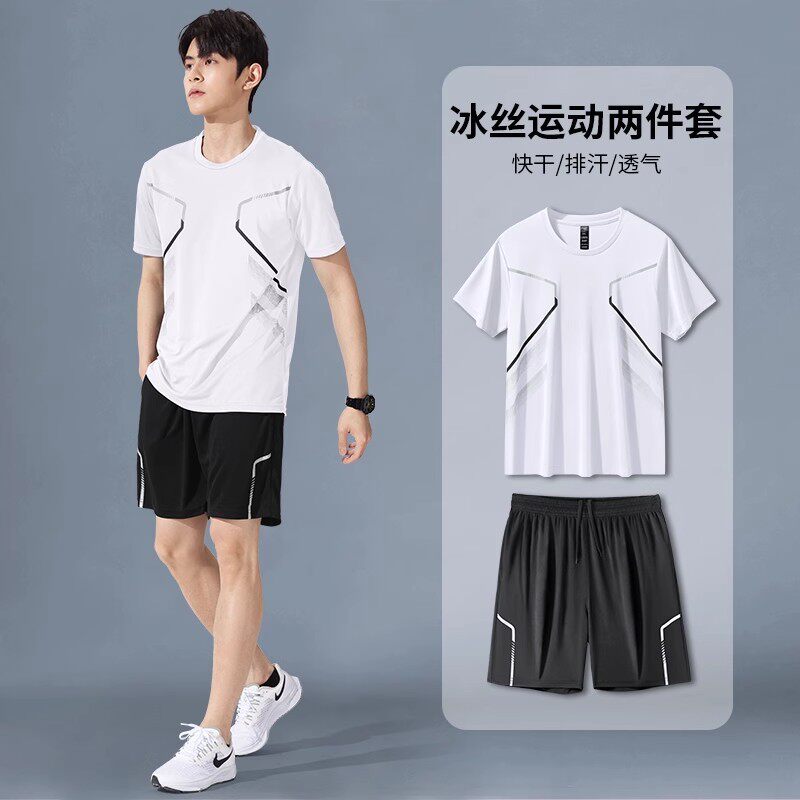 跨境运动服套装男跑步短袖冰丝夏季速干衣篮球服羽毛健身衣服短裤