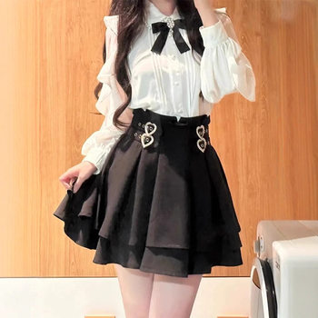 Japanese-Style Elegant Suit for Women, New Autumn 2025 Ruffled Shirt with Waist-Cinching Cake Skirt Two-Piece Set