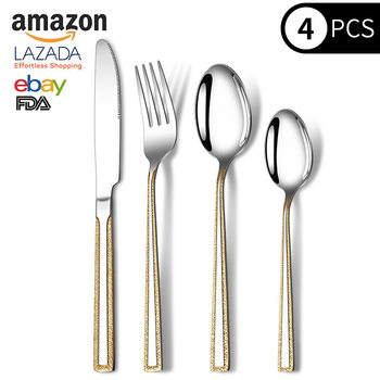 European style 410 stainless steel bilateral gold pattern tableware wholesale cross-border Western tableware hotel steak knife fork spoon dessert spoon