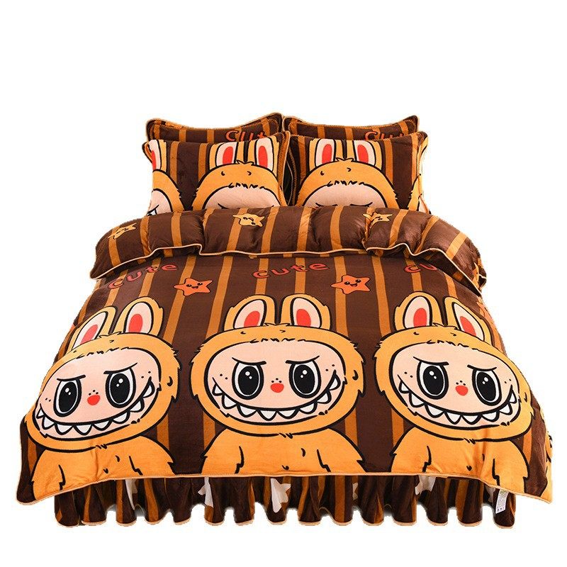 Thickened Milk Velvet Four-Piece Bed Skirt Set Plus Velvet Bed Sheets Quilt Cover Crystal Velvet Baby Velvet Student Three-Piece Set Wholesale