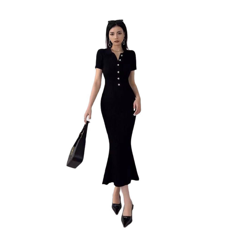 Long Polo Knit Dress Fishtail Hem Slim Fit Short Sleeve Bodycon Style Perfect for Office Wear Wholesale Available