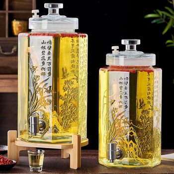 High-grade bubble wine bottle with exhaust valve special wine jar ginseng white wine jar glass bottle octagonal relief with faucet