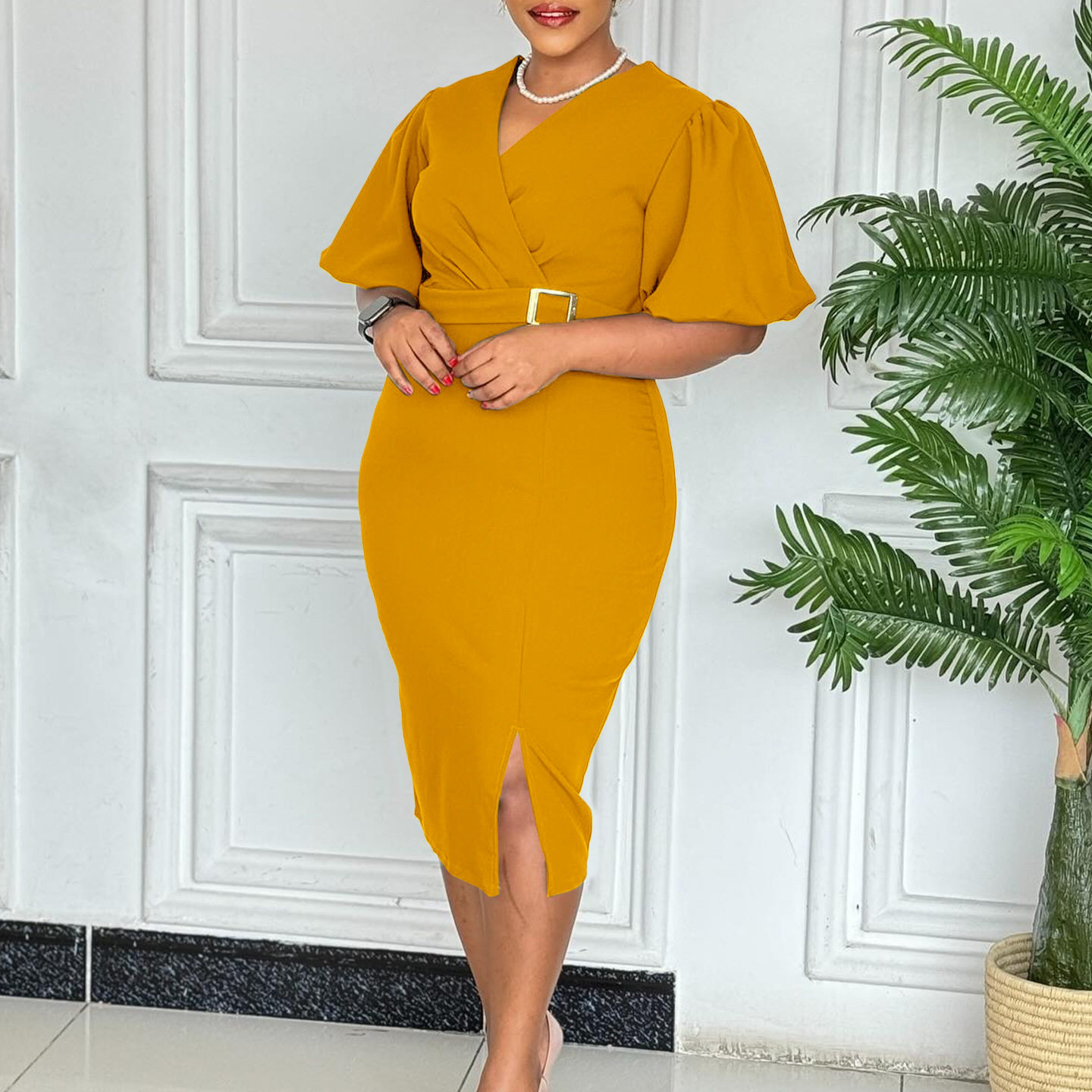 Fashionable V Neck Puff Sleeve Bodycon Dress Solid Color Waist Defined Side Slit Perfect for Parties or Events