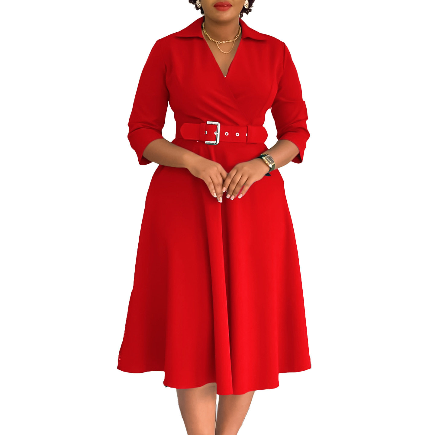 Plus Size Womens Dress Autumn Collection Stylish Lapel Design Solid Color Flared Skirt Wholesale Availability