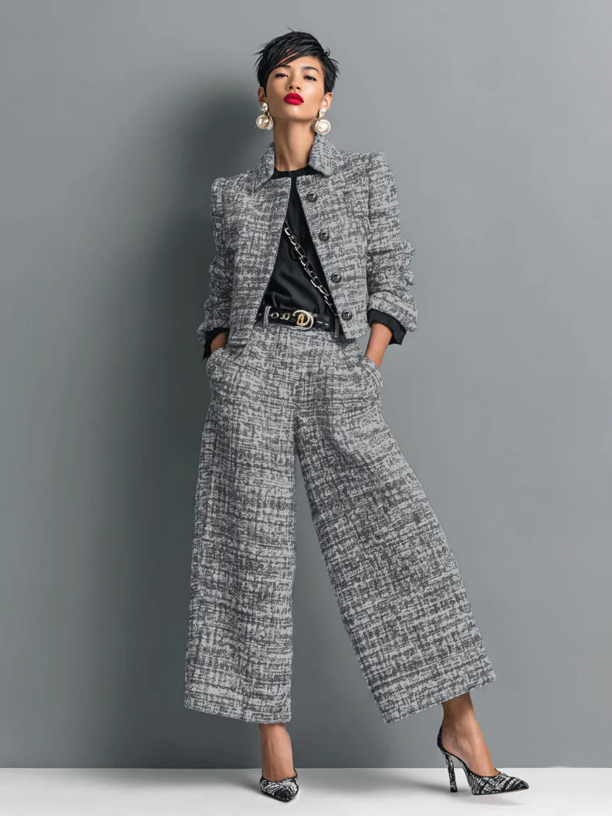 2025 Cross-Border European and American New Style Lapel Slim Women's European and American Style Long-Sleeved Short Jacket with Wide-Leg Pants Suit