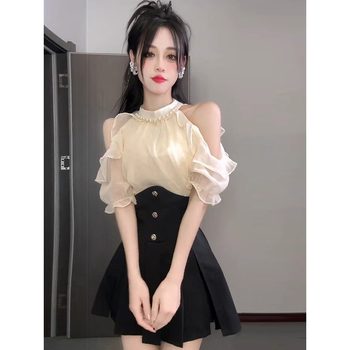Summer New Style Pearl Halterneck Off-Shoulder Elegant Bright Silk Chiffon Shirt Women's Waist Skirt High-End Two-Piece Set