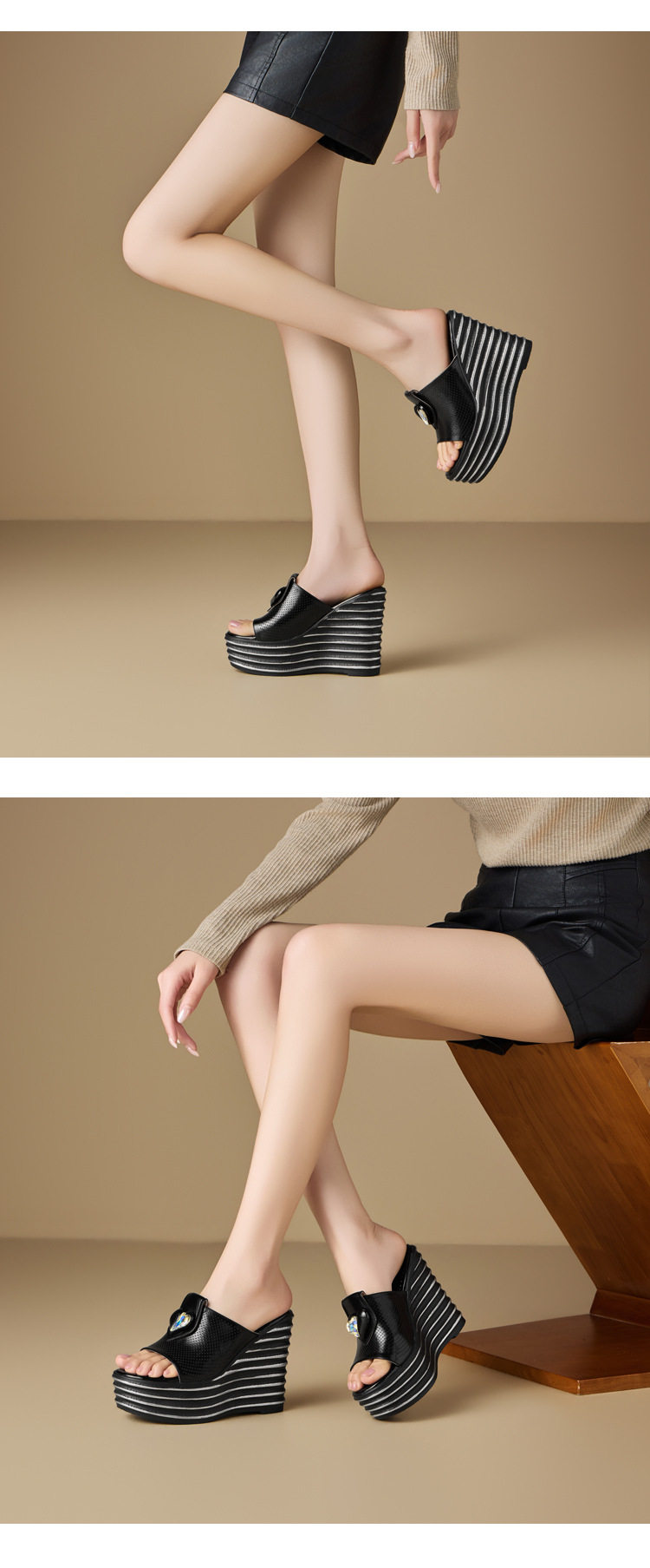 Dép sandal nữ quai chữ V da thật đế xuồng cao 12 cm — [Trắng kem], [Đen] chi tiết 4