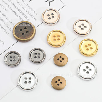 In-Stock Supply of Four-Eye Thin Edge Electroplated Buttons, Plastic Thin Edge Electroplated Buttons in Gold, Bronze, and Silver
