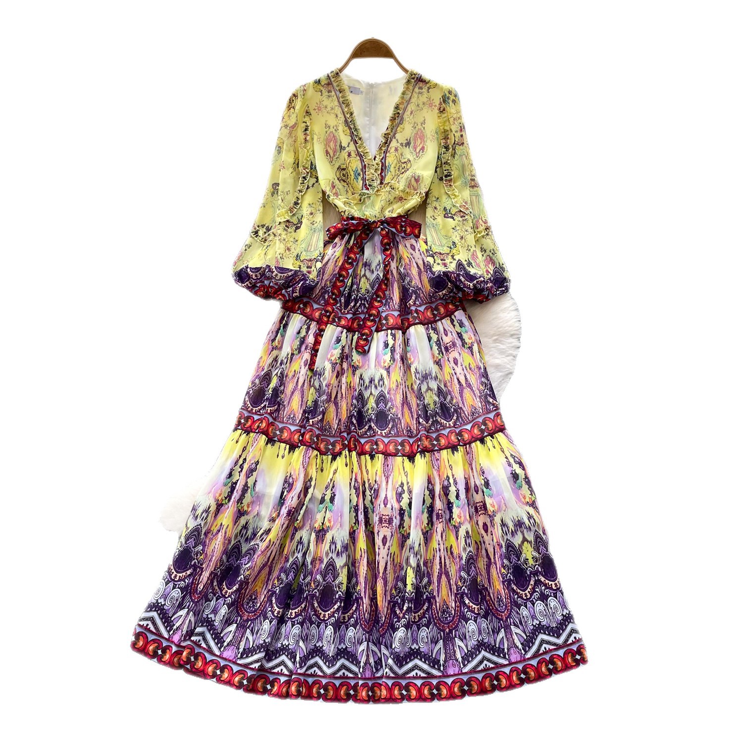 Bohemian Floral Maxi Dress for Women V Neck Long Sleeve Waist Tie A Line Silhouette Elegant Vacation Style