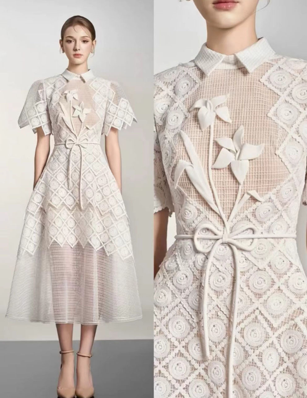 Đầm maxi nữ thêu ren cổ polo tay ngắn cạp cao midi — Màu như ảnh chi tiết 4