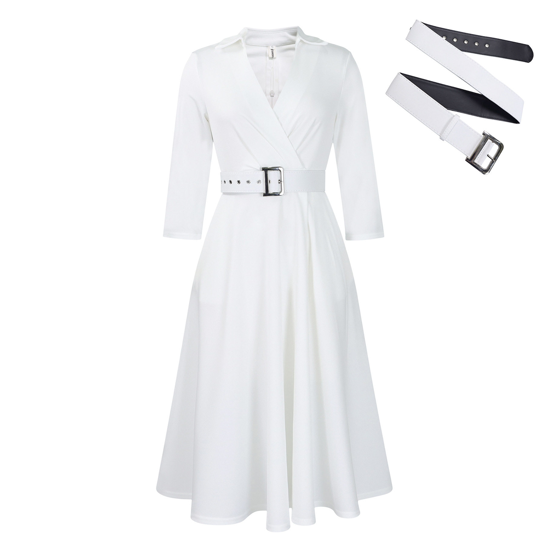 Plus Size Womens Dress Autumn Collection Stylish Lapel Design Solid Color Flared Skirt Wholesale Availability