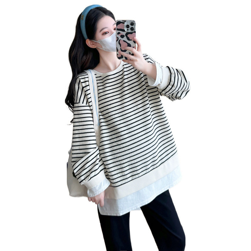 2024 New Pregnant Women Autumn and Winter Thickened Fake Two-piece Stripe Stitching Loose Casual T Sweater/Velvet Sweater