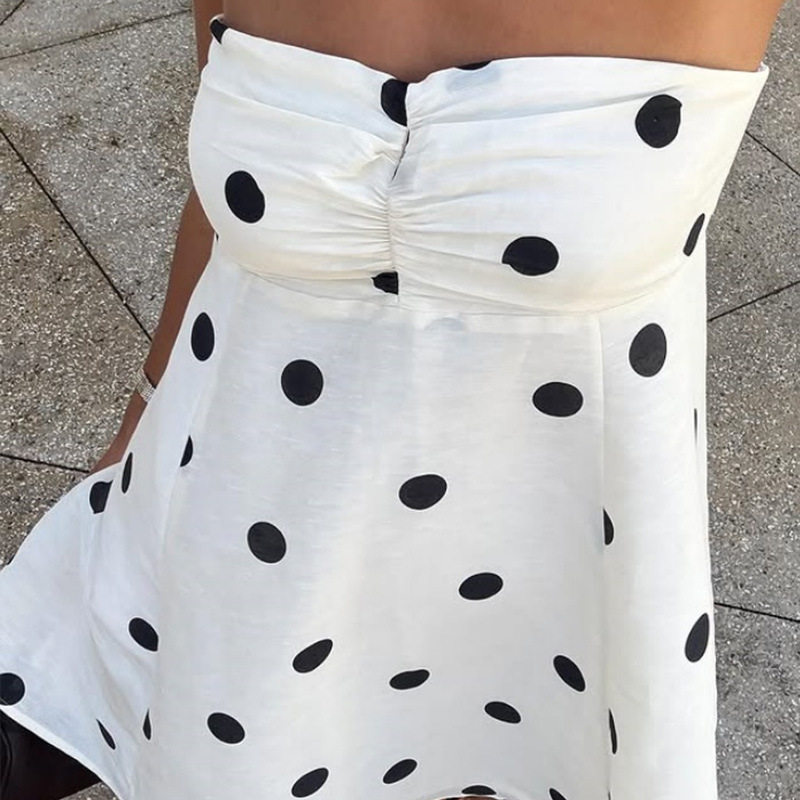 Chic Strapless Dress Elegant Loose Fit Polka Dot Print Stylish Neck Scarf Perfect for Parties and Casual Outings