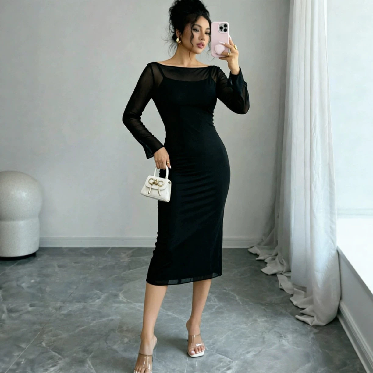 Two Piece Dress Set Off Shoulder Long Sleeve Mesh Overlay Bodycon Midi Skirt Casual or Party Wear Wholesale
