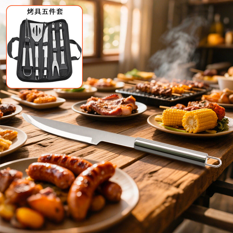 Cross-Border Stainless Steel Grill Set 5-Piece Barbecue Tool Set Outdoor Barbecue Knife Fork Spatula Rack Accessory Set