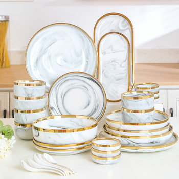Nordic Tableware Marble Ceramic Dishes Set Ceramic Household Rice Bowls Dishes Soup Plates Steak Plates Cross-Border