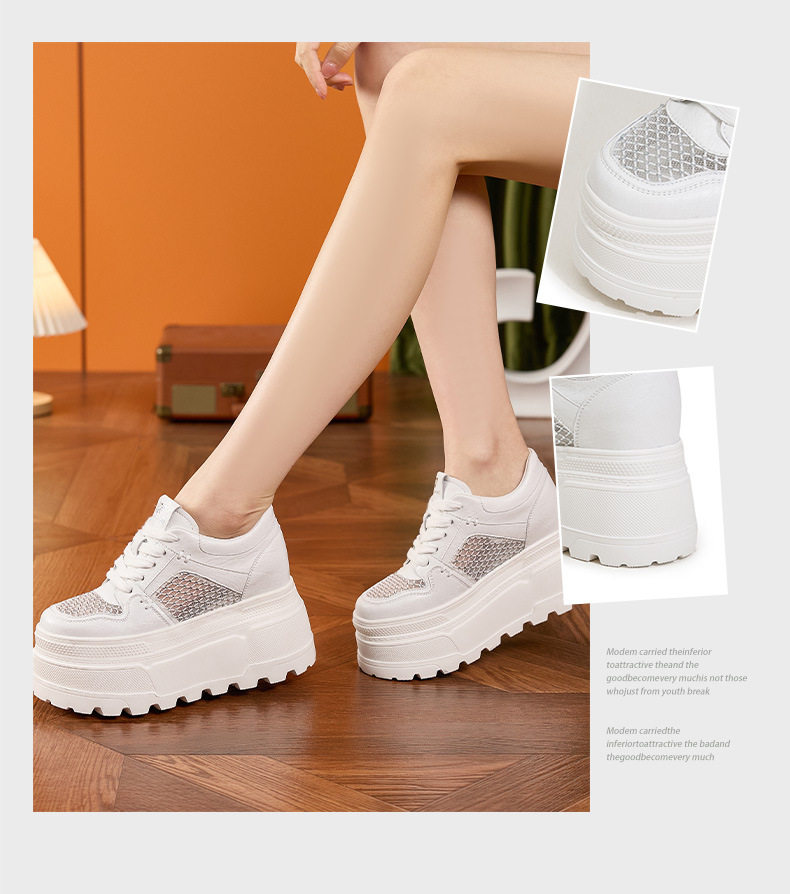 Giày sneaker nữ chunky đế dày trắng platform họa tiết đính đá — Trắng, Bạc chi tiết 3