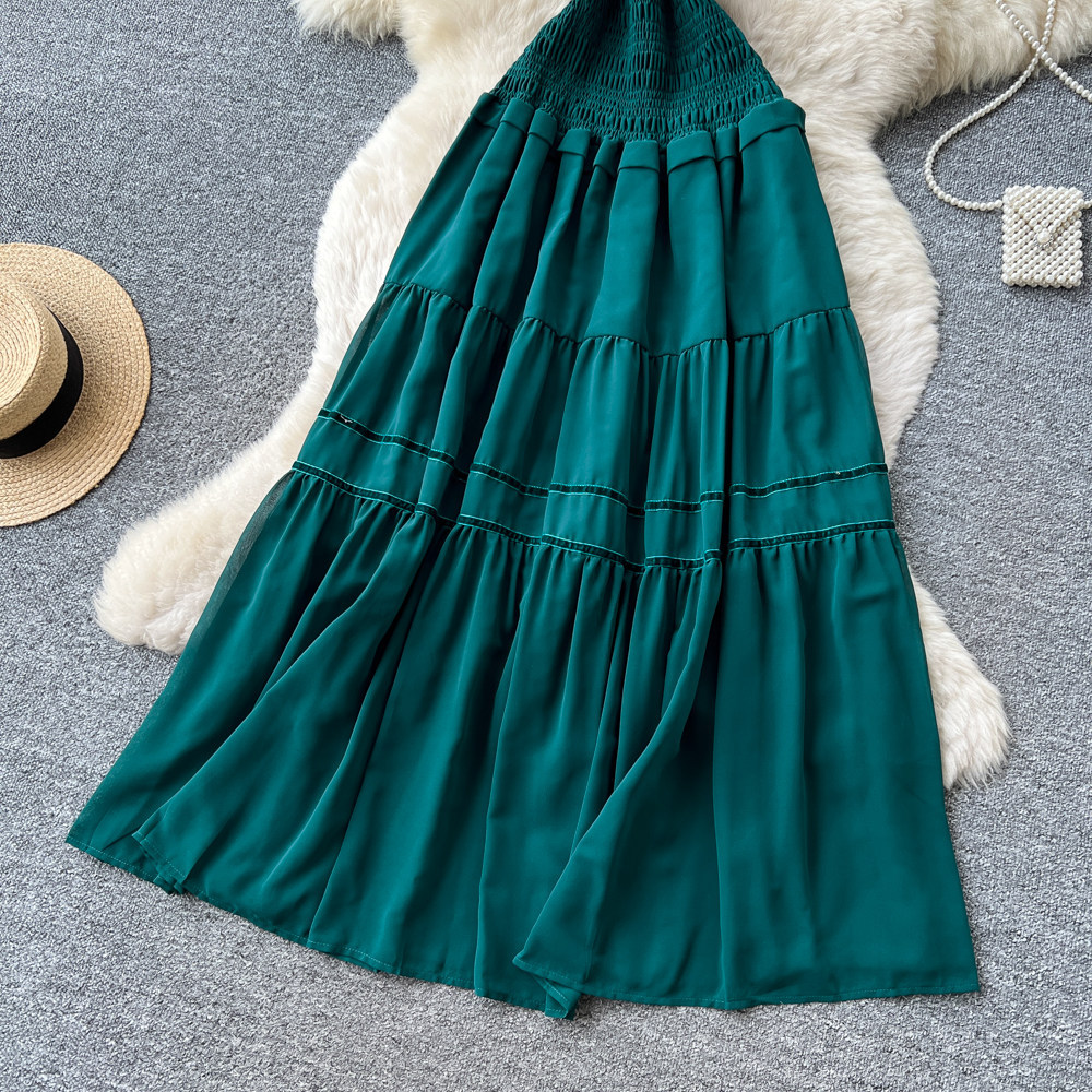 French Vacation Style Strapless Dress High Waist Flattering Fit Ruffle Hem Summer Occasion Wholesale Available
