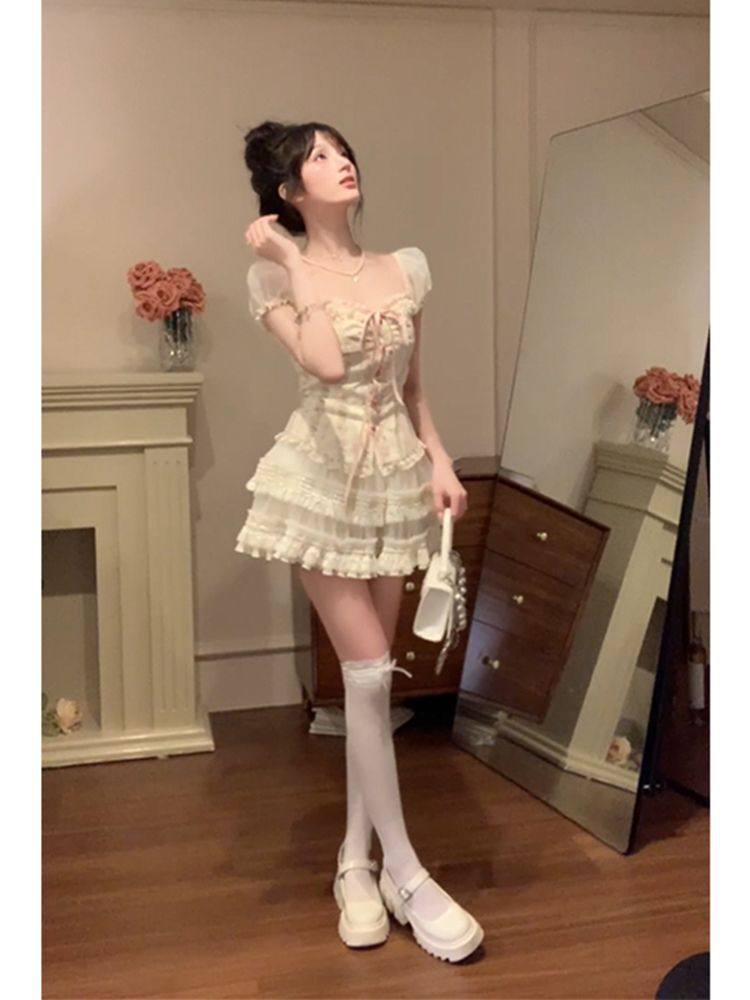 Pastoral Princess 2.0 Summer Ballet Style Sweet Top Puff Skirt Waist Slimming Hot Girl Skirt Two-Piece Set