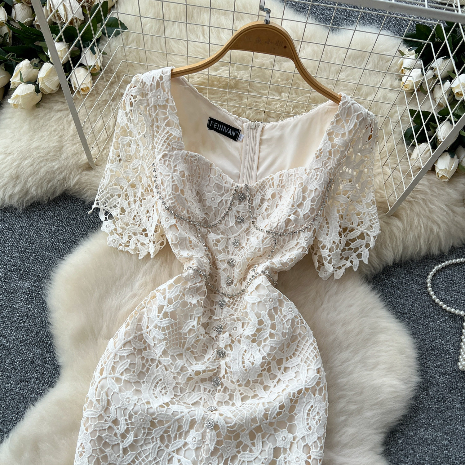 Elegant Womens Dress Summer French Style Short Sleeve Lace Bodycon with Square Neck