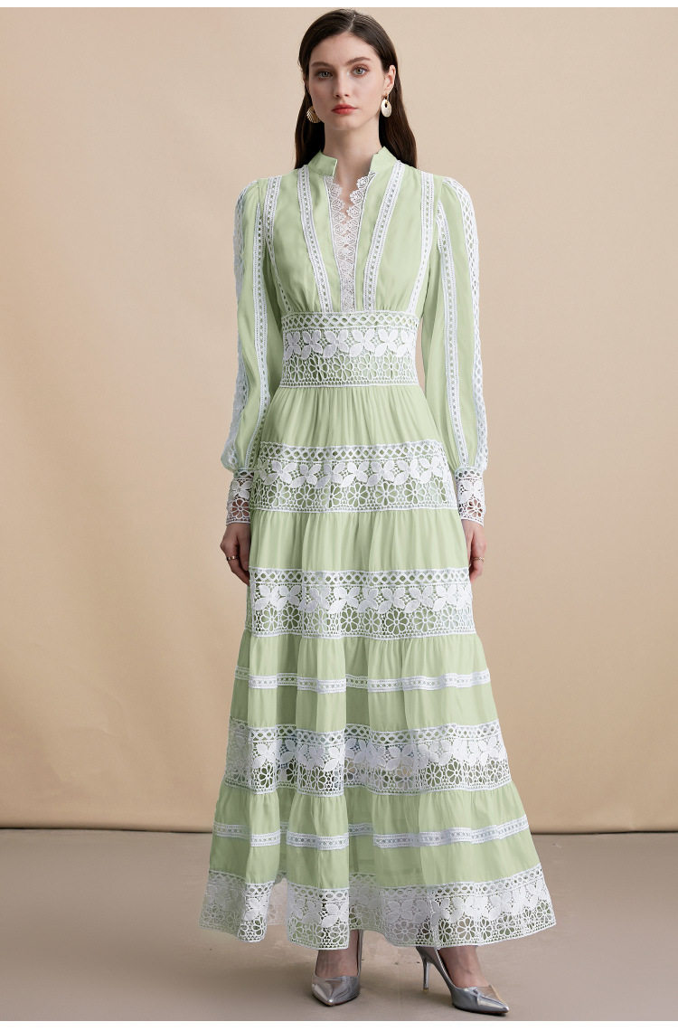 Elegant V Neck Lantern Sleeve Dress Stunning Lace Paneling Waist Defining Autumn Fashion Wholesale Available