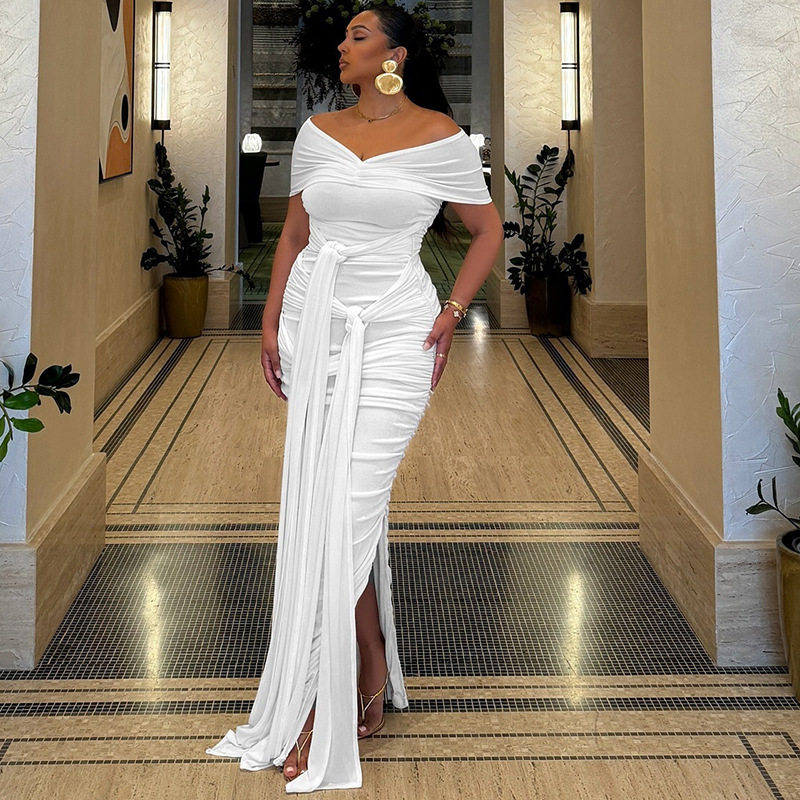 Womens Elegant Solid Color Dress Off Shoulder Split Hem Flowing Ribbons Casual or Party Wear Wholesale Available