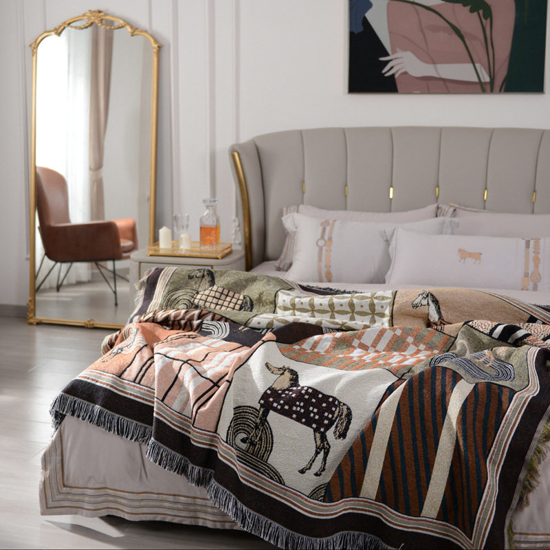 American-Style Light Luxury Knitted Cotton Sofa Throw Blanket with Tassels, Thin Blanket, Car Blanket, Summer Quilt, Air Conditioning Blanket