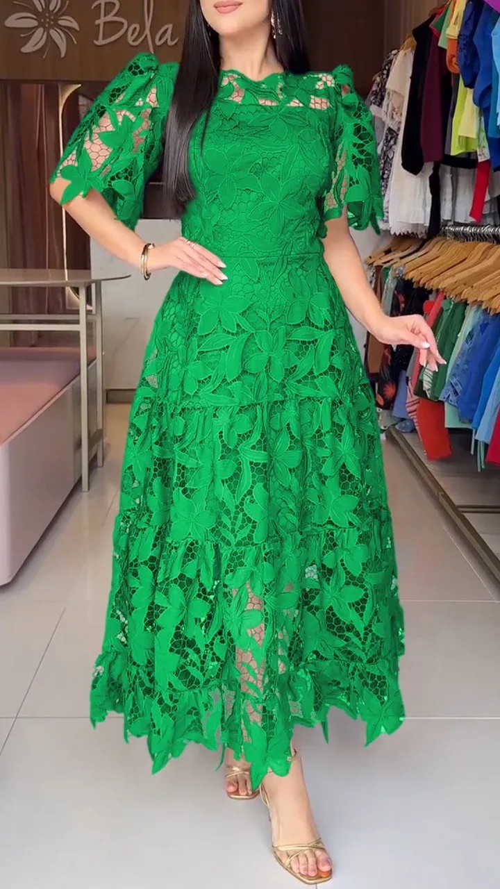 Summer Womens Lace Dress Elegant Hollow Design Round Neck Short Sleeve Perfect for Parties and Events Wholesale