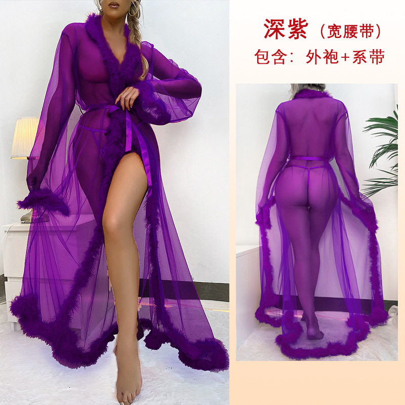 会员可见跨境外贸性感网纱长款睡袍毛毛边 性感透视睡衣女批发271