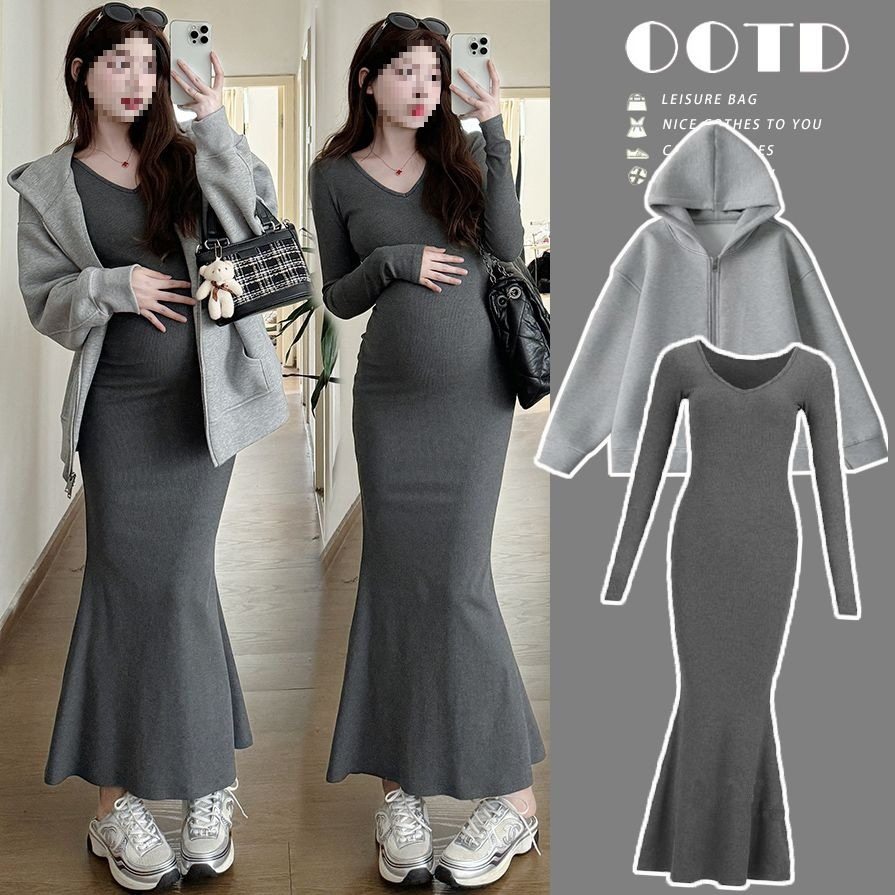 Maternity Dress Set Autumn Hot Mom Knitted Slim Fishtail Skirt + Loose Cardigan Sweatshirt Two-Piece Set