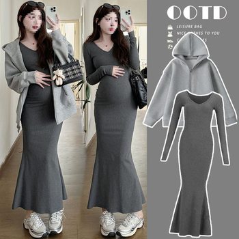 Maternity Dress Set Autumn Hot Mom Knitted Slim Fishtail Skirt + Loose Cardigan Sweatshirt Two-Piece Set