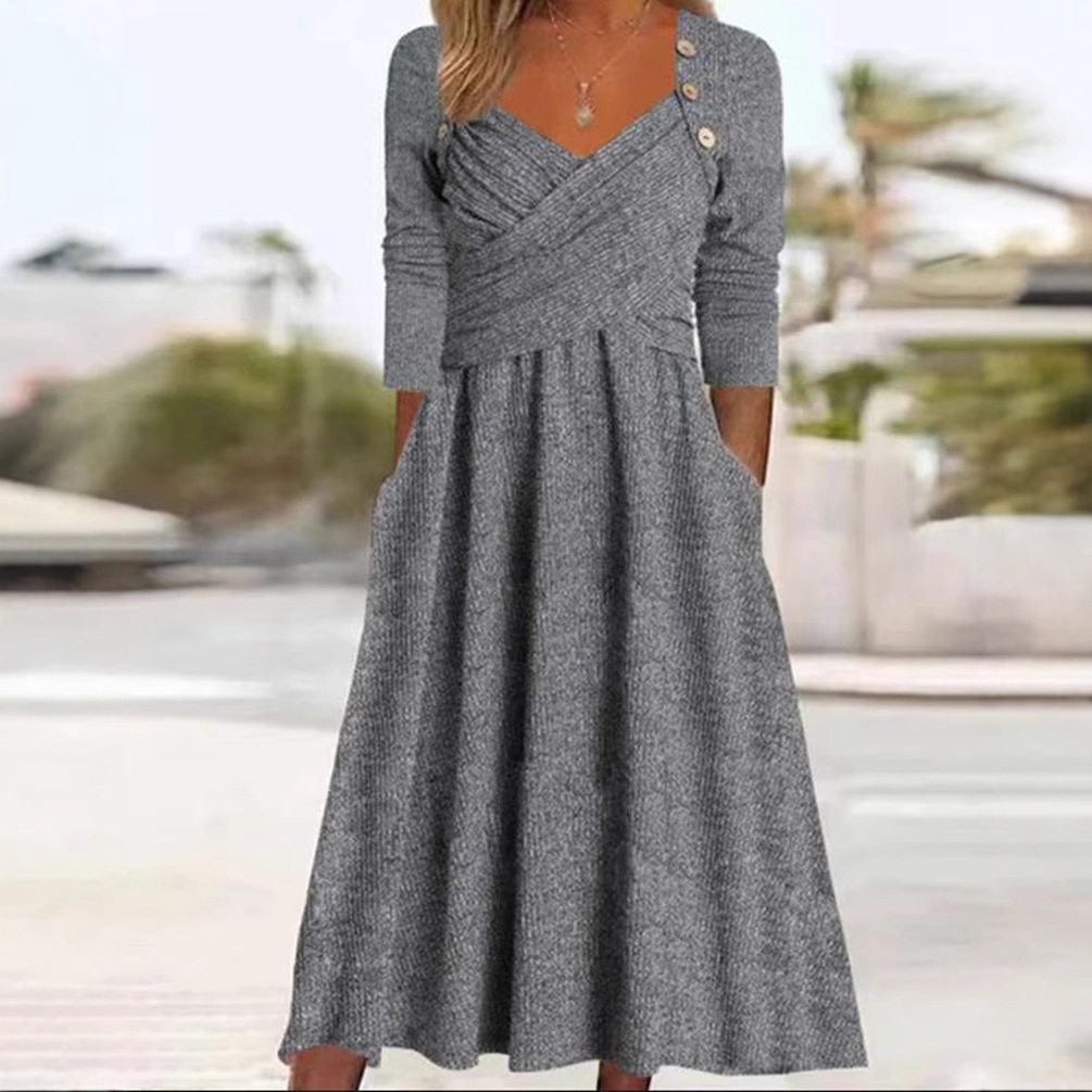 V Neck Long Sleeve Casual Dress Solid Color Autumn Winter Style Perfect for Everyday Wear Wholesale Available