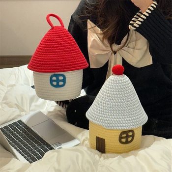 Creative Cotton Thread Woven Storage Basket House with Lid Snack Sundries Storage Basket Living Room Entrance Sundries Storage Basket