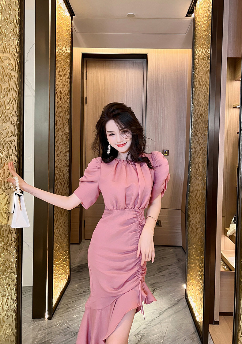 Đầm suông nữ midi cổ tròn tay bồng đuôi cá — [Hồng] chi tiết 6