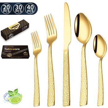 Amazon Explosive Square Handle Hammer Knife and Fork Spoon suit Dishwasher Safe Stainless Steel Western Tableware Steak Knife and Fork